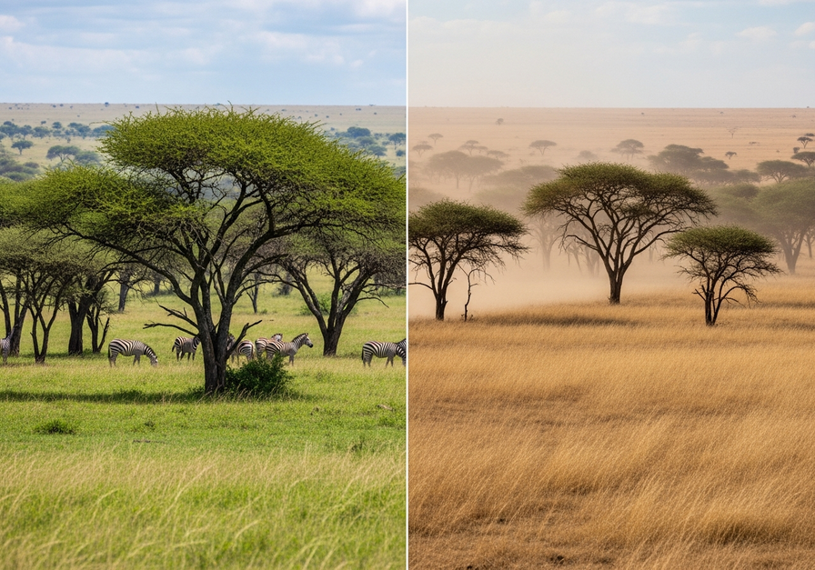 Savanna with contrasting wet and dry seasons side by side