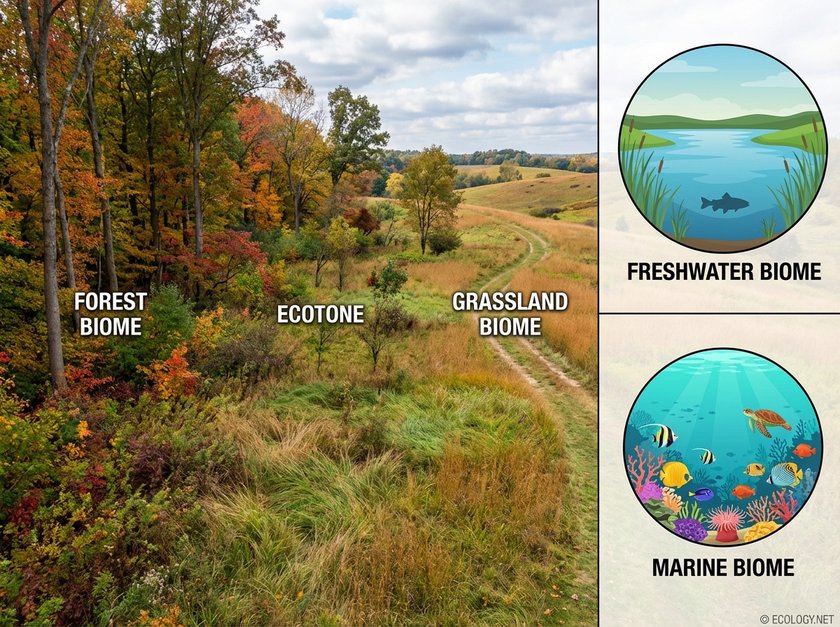 Composite image showing an ecotone between forest and grassland, alongside icons for freshwater and marine biomes.
