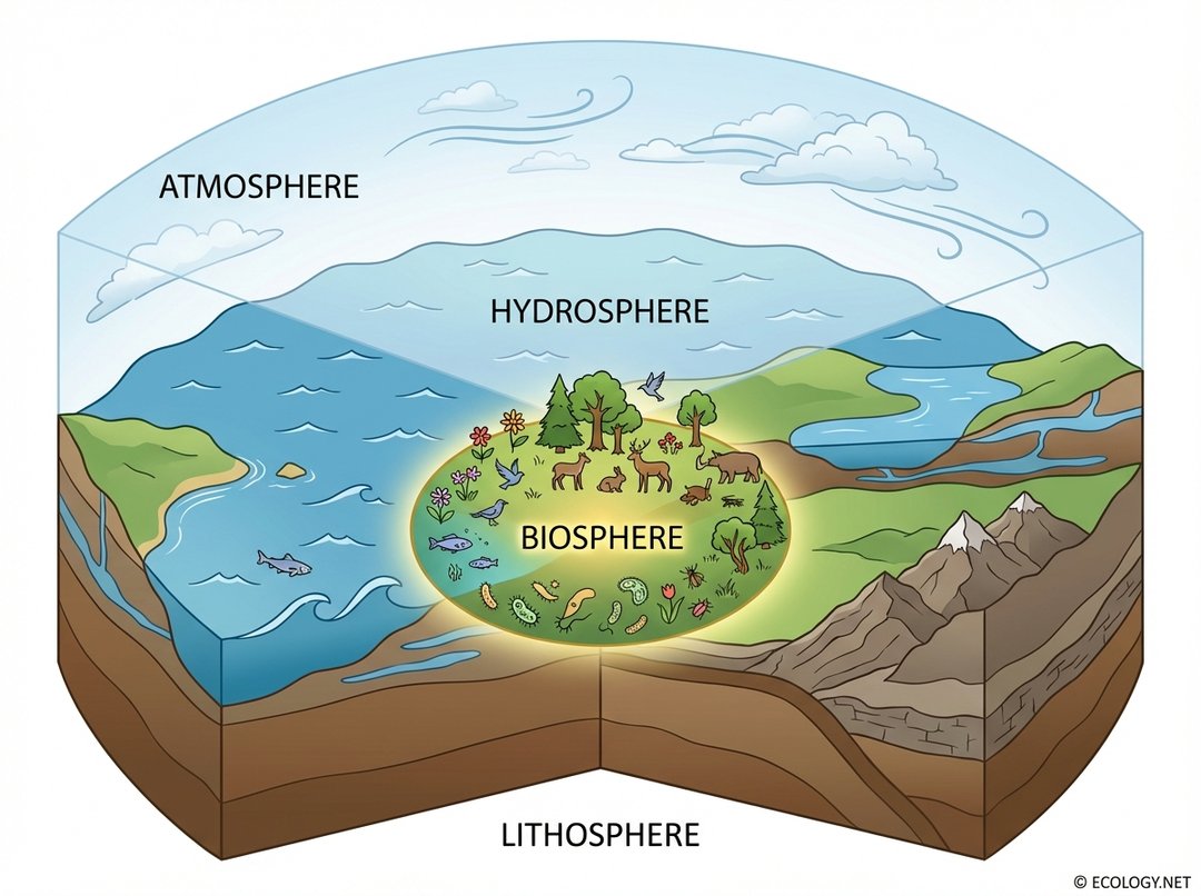Illustrative diagram showing Earth's cross-section with Atmosphere, Hydrosphere, Lithosphere, and the central Biosphere teeming with life.