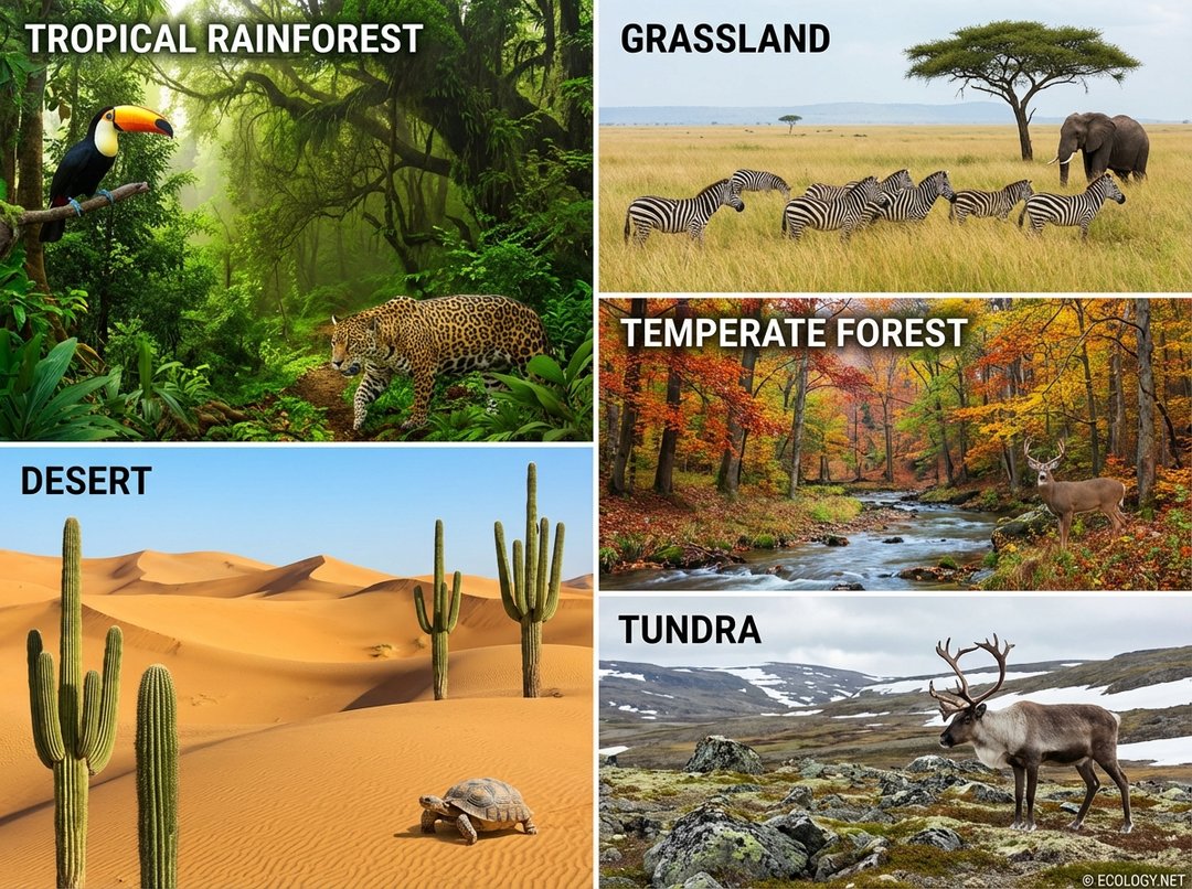 Vibrant collage depicting five distinct biomes: Tropical Rainforest, Desert, Grassland, Temperate Forest, and Tundra.
