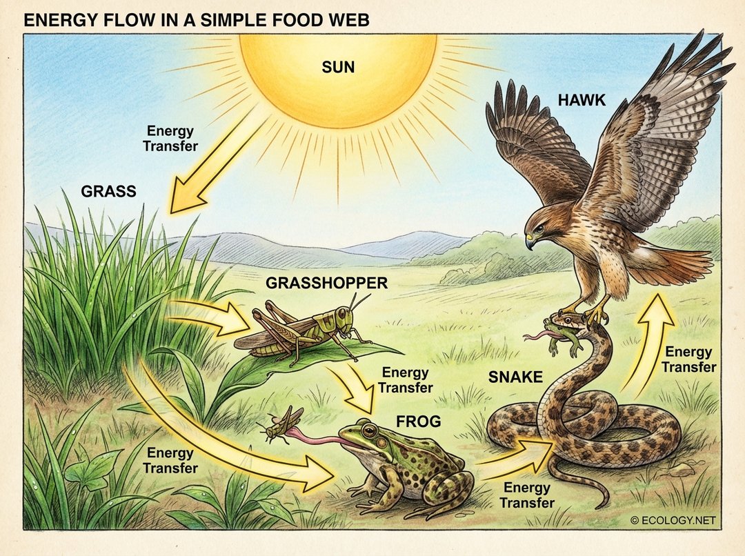 Diagram illustrating energy flow in a food web from the Sun to grass, grasshopper, frog, snake, and hawk with arrows.