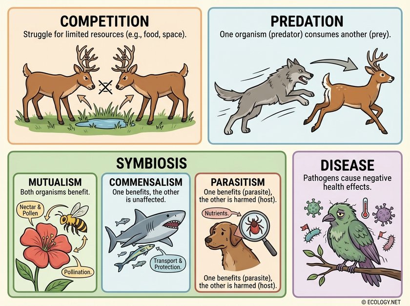 Diagram illustrating key biotic interactions: competition, predation, mutualism, commensalism, parasitism, and disease.