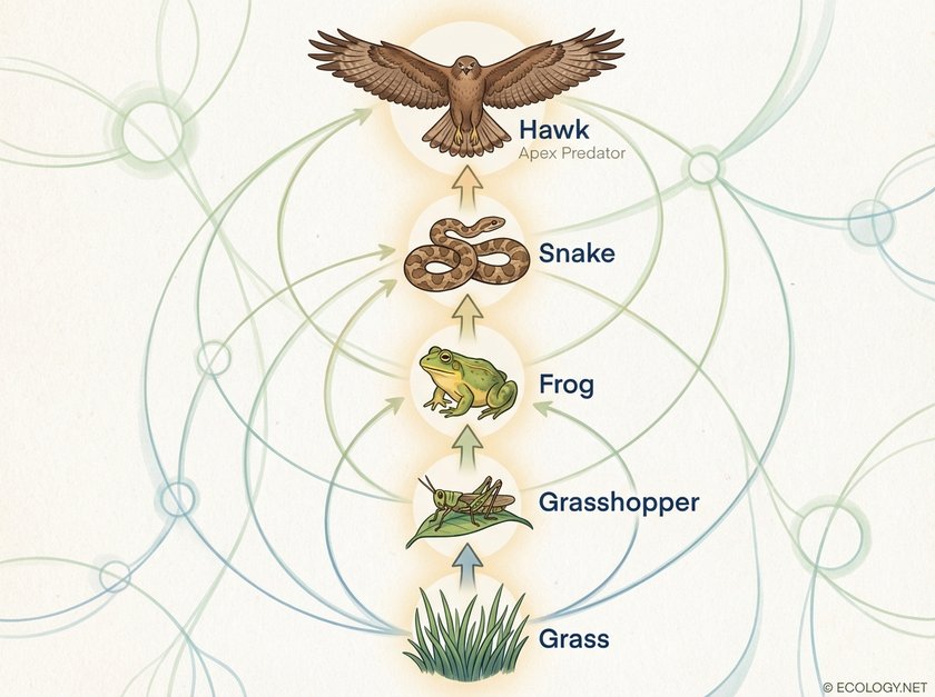Diagram illustrating a trophic cascade, showing energy flow from grass to grasshopper, frog, snake, and hawk.