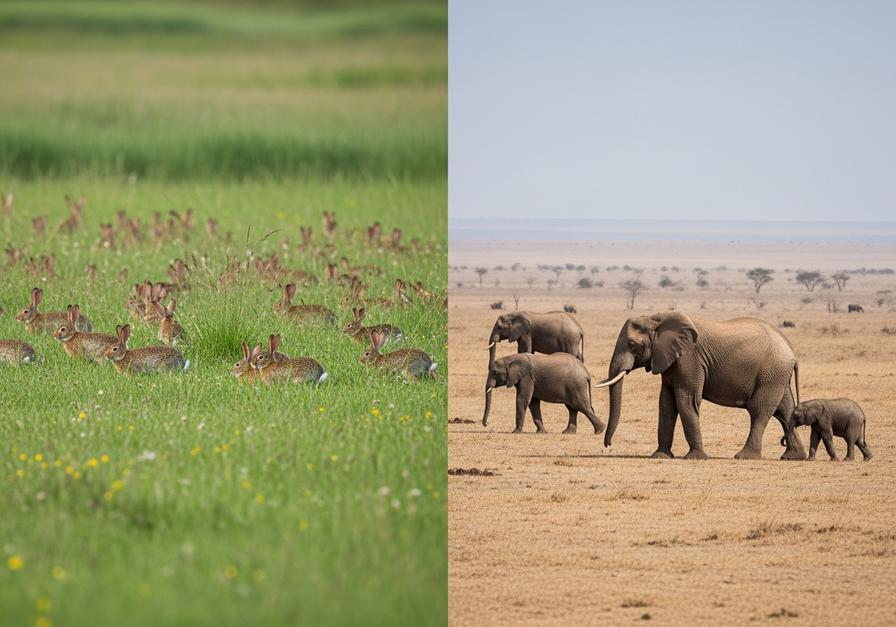 Split screen showing a dense rabbit colony in a lush meadow and a small elephant herd in a dry savannah.