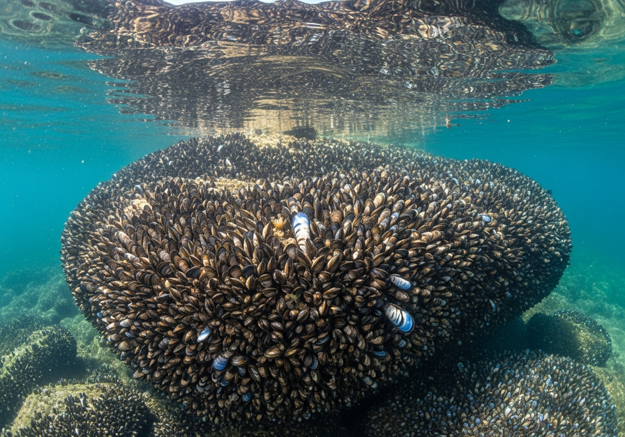 Underwater view of a rocky outcrop heavily encrusted with thousands of zebra mussels.