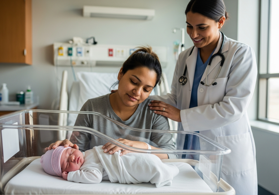 A newborn baby with its mother and a healthcare professional in a modern hospital setting.