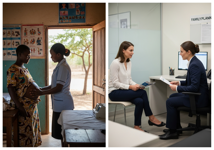 Split screen showing prenatal care in a rural African clinic and family planning consultation in an urban clinic.