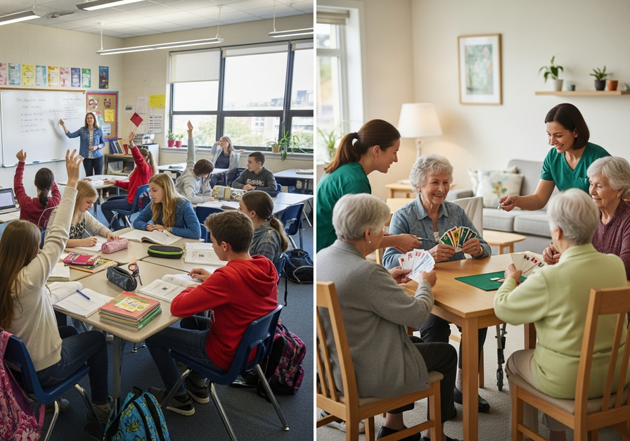 Split screen showing a lively high school classroom and older adults at a community center.