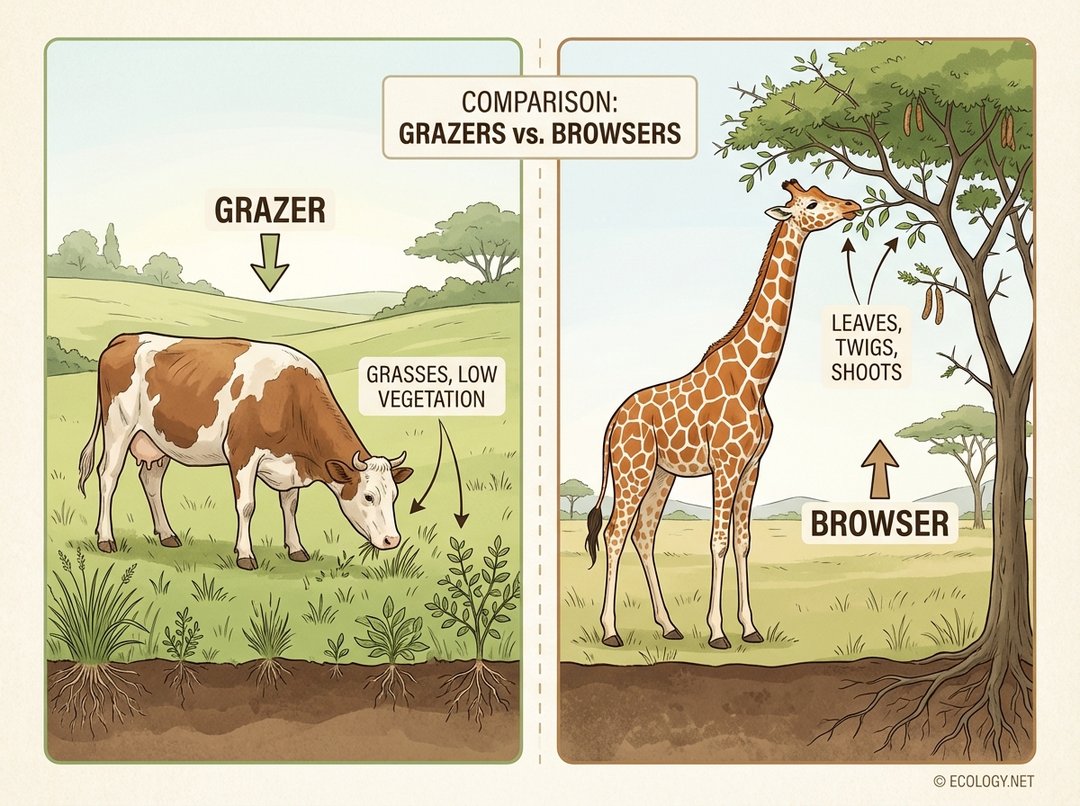 An illustrative diagram comparing a grazer (cow) eating grass from the ground and a browser (giraffe) eating leaves from a tree, with clear labels for each.