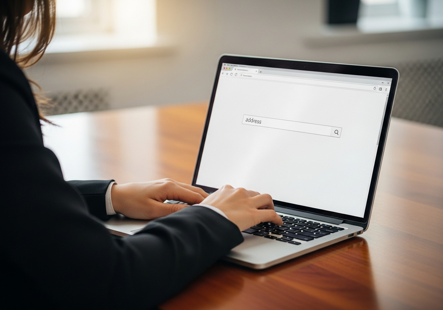A woman typing a URL into a laptop's browser address bar, illustrating the first step of web access.