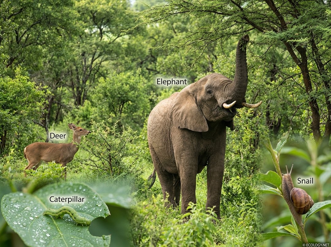 A photo-realistic image showcasing diverse browsers: an elephant browsing on tree leaves, a deer on shrubs, a caterpillar eating a leaf, and a snail on a plant stem, all in a lush green environment.