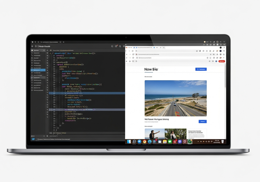 A split screen showing web page source code on one laptop and its rendered visual output on another, demonstrating browser rendering.