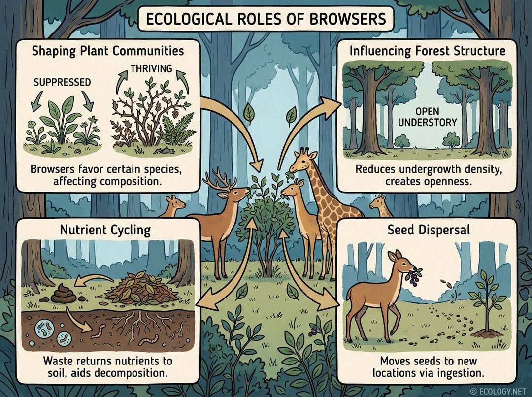 An illustrative diagram showing a forest scene with browsing animals. Arrows connect browsing activity to its effects: shaping plant communities, influencing forest structure, nutrient cycling, and seed dispersal, with clear labels.