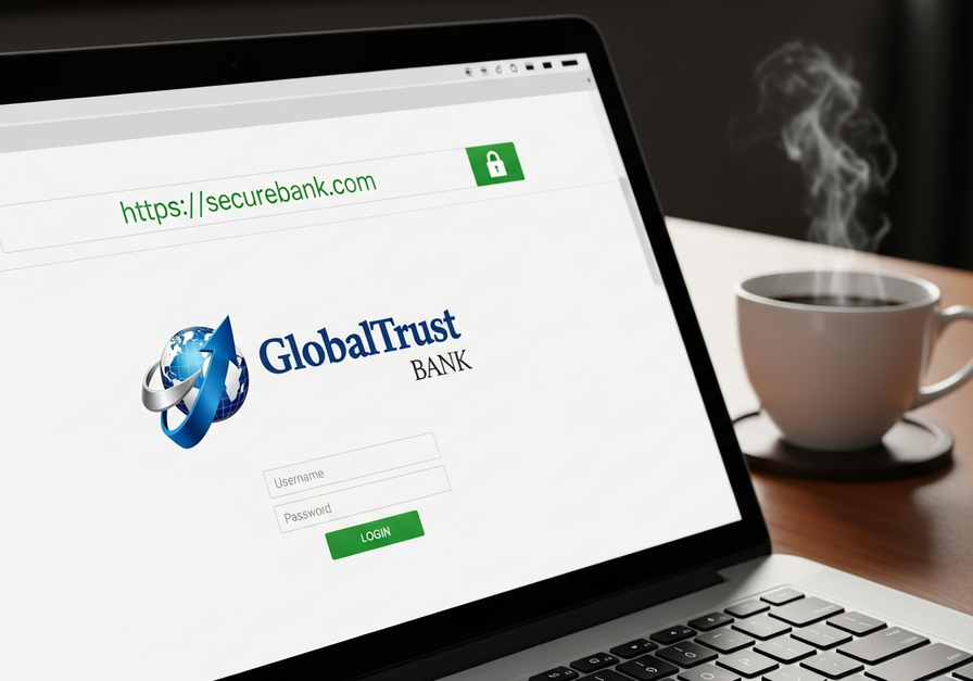 A laptop screen displaying a secure banking website with an HTTPS padlock icon in the address bar, highlighting secure browsing.