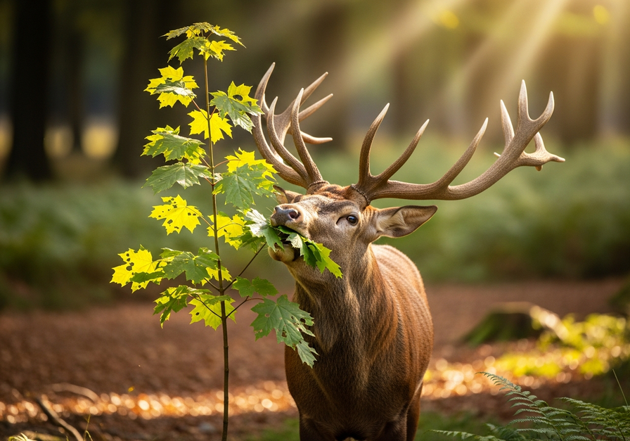 A red deer in a forest clearing, mid-chew on young maple shoots, illustrating the act of browsing.