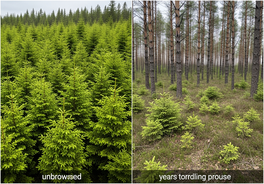 A split-screen photo showing a forest stand. The left half depicts a dense, unbrowsed spruce stand, while the right half shows the same area with gaps and stunted saplings due to heavy browsing, illustrating its impact on forest structure.