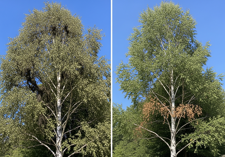 A split-screen image showing a birch tree. The left side shows complete defoliation by caterpillars, while the right side shows selective leaf removal by a deer, contrasting browsing with defoliation.