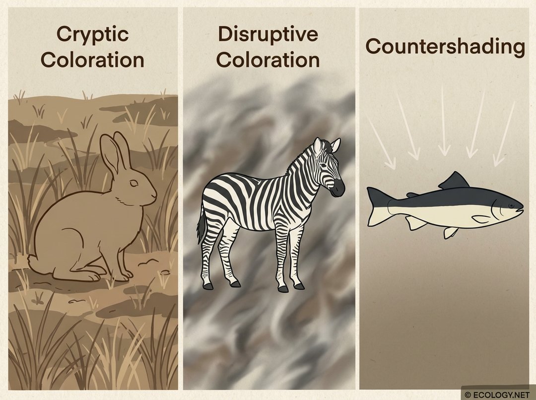 Illustrative diagram showing cryptic coloration (rabbit), disruptive coloration (zebra), and countershading (fish).