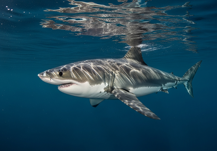 Great white shark demonstrating countershading with dark top and light bottom.