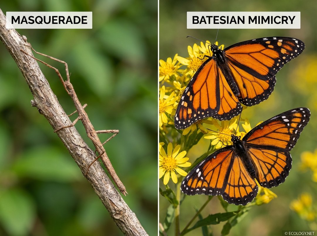Photo-realistic split image showing a stick insect (masquerade) and a viceroy butterfly mimicking a monarch (Batesian mimicry).