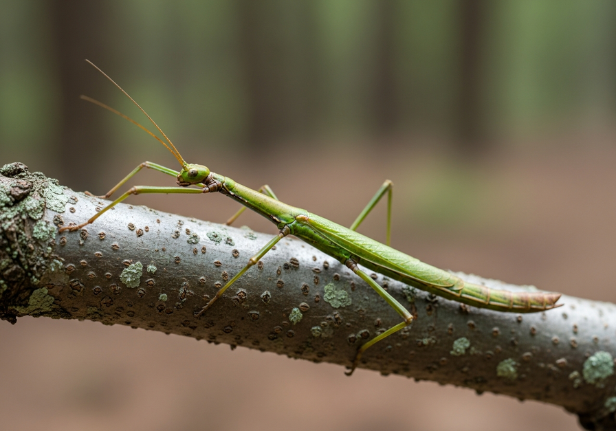 Stick insect perfectly camouflaged as a twig on a branch.