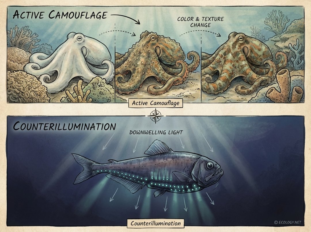 Illustrative diagram showing an octopus using active camouflage and a deep-sea fish using counterillumination.
