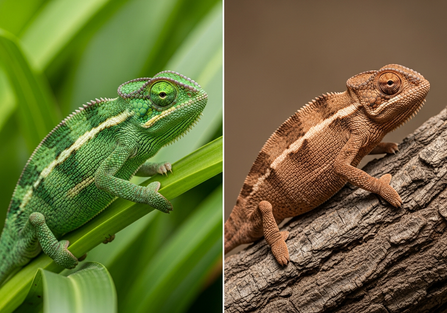 Split image showing a chameleon changing color from green on leaves to brown on bark.