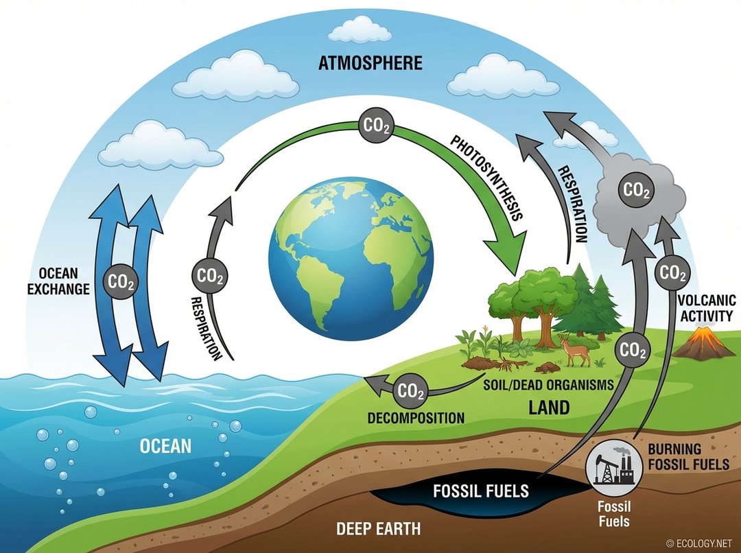 Diagram illustrating the global carbon cycle with Earth at the center, showing carbon movement between atmosphere, ocean, land, and fossil fuels.