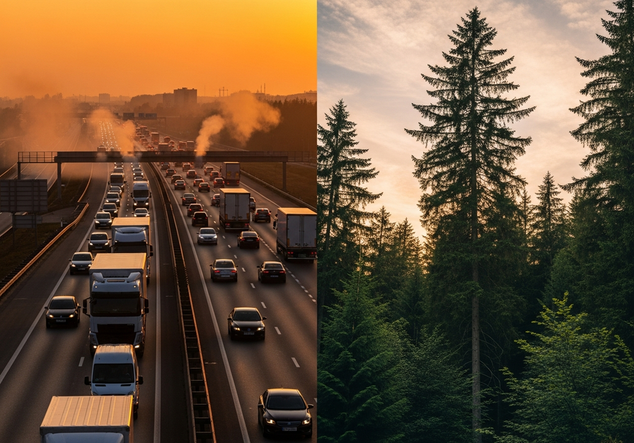 A split image contrasting a busy highway with exhaust fumes and a dense forest absorbing CO2.