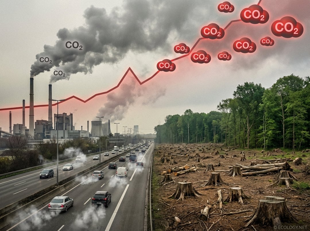 Photo-realistic image showing human impact on the carbon cycle, with factories emitting CO2, cars on a highway, and deforestation next to a healthy forest.