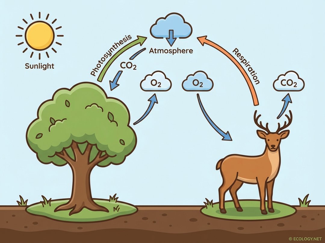 Diagram illustrating photosynthesis and respiration, showing a plant absorbing CO2 and sunlight to release O2, and an animal absorbing O2 to release CO2.