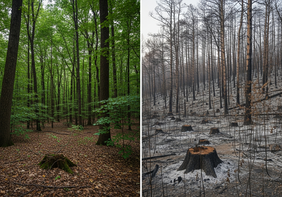 A split image showing a healthy hardwood forest next to the same area after a wildfire, highlighting carbon release.