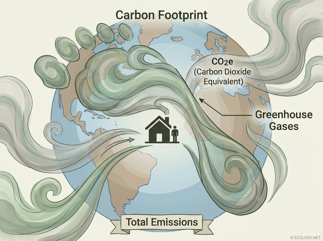 Diagram illustrating a carbon footprint as swirling gases from a source, encompassing a globe, defining total greenhouse gas emissions (CO2e) and greenhouse gases.
