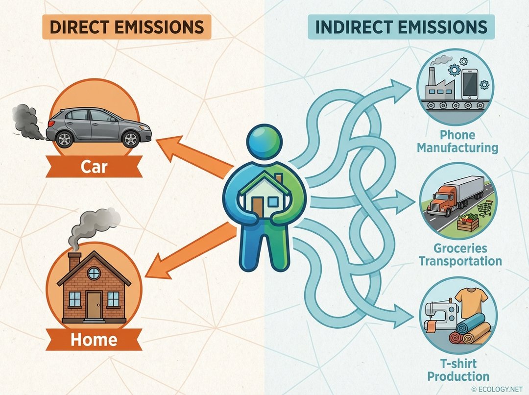 Diagram distinguishing direct emissions (car exhaust, home chimney) from indirect emissions (phone manufacturing, groceries transportation, t-shirt production) originating from a central human figure or house.
