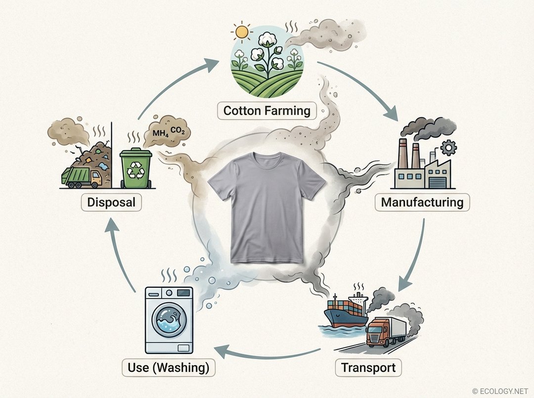 Circular diagram showing the life cycle assessment of a t-shirt, from cotton farming, manufacturing, transport, use (washing), to disposal, with subtle smoke trails indicating emissions at each stage.