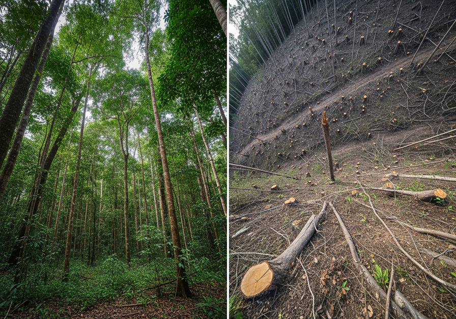 Split-screen image showing a dense old growth tropical rainforest on the left and a clear-cut, deforested area with stumps and bare earth on the right, illustrating carbon storage versus release.