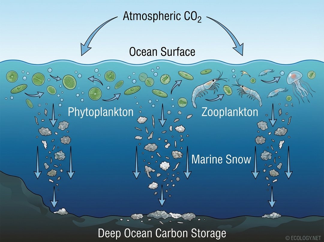 Diagram illustrating the ocean's biological pump, showing CO2 absorption by phytoplankton, consumption by zooplankton, and sinking marine snow to deep ocean storage.