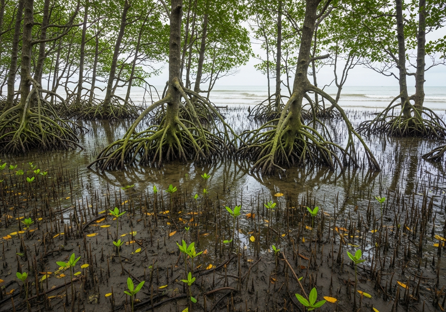 Wide-angle view of a mangrove forest at low tide, showing a complex network of green roots in shallow water, highlighting its role as a blue carbon sink.