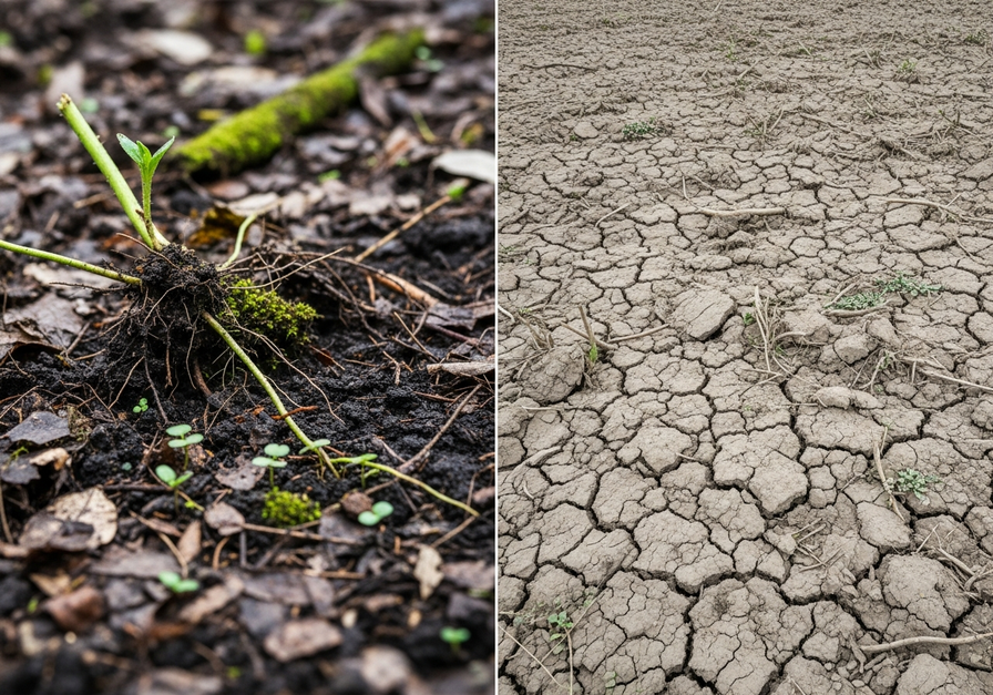 Split-screen image showing rich, dark loamy soil with roots and organic matter on the left, contrasting with degraded, cracked sandy soil on the right, illustrating soil carbon storage capacity.