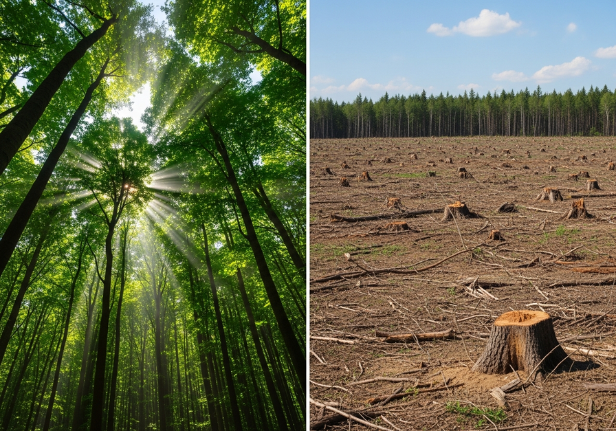 A split screen image showing a dense green forest on the left and a stark deforested area with bare soil and tree stumps on the right.