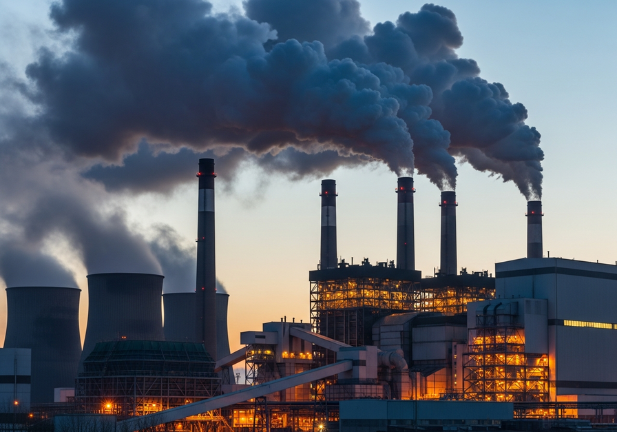 A coal fired power plant at dusk, with towering chimneys emitting thick black smoke plumes against a pale blue sky.