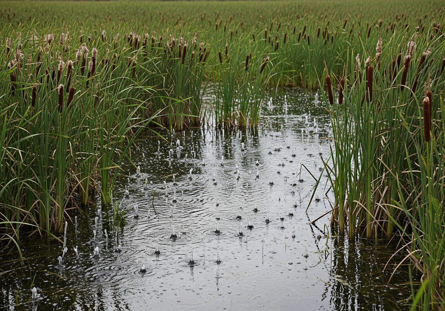 Bubbles rising from a shallow freshwater wetland, surrounded by reeds and cattails, illustrating natural methane release.