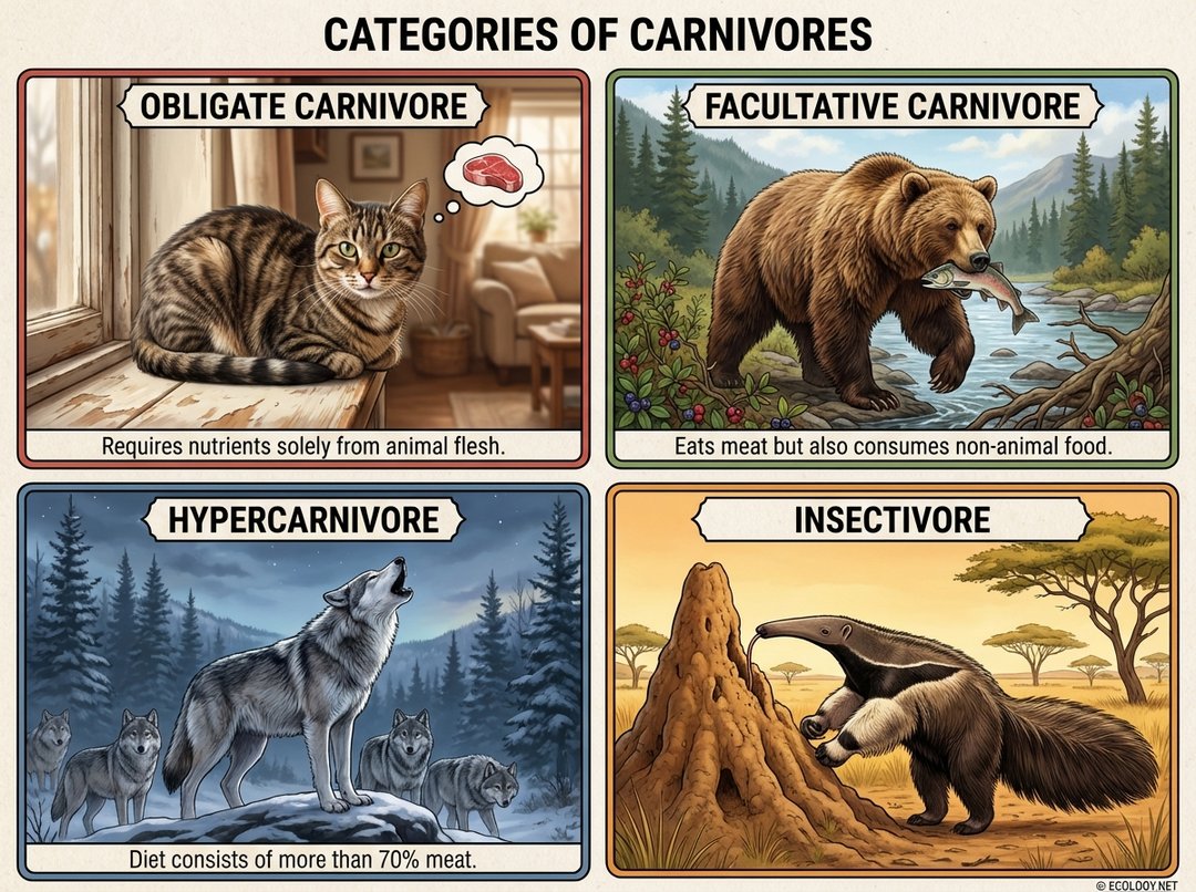 An illustrative diagram showing four types of carnivores: an obligate carnivore (house cat), a facultative carnivore (brown bear), a hypercarnivore (grey wolf), and an insectivore (anteater).