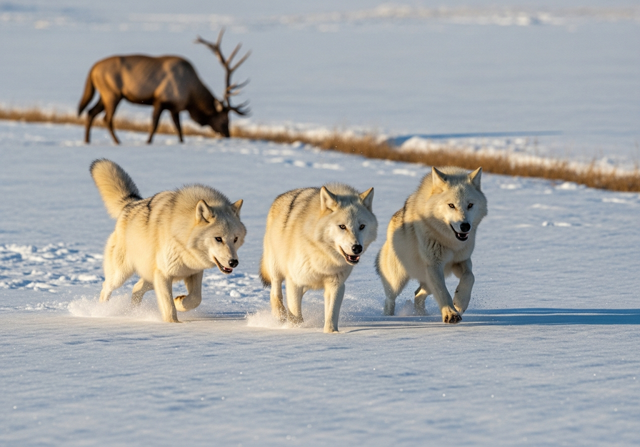 A wolf pack cooperatively hunting elk in a snowy landscape.