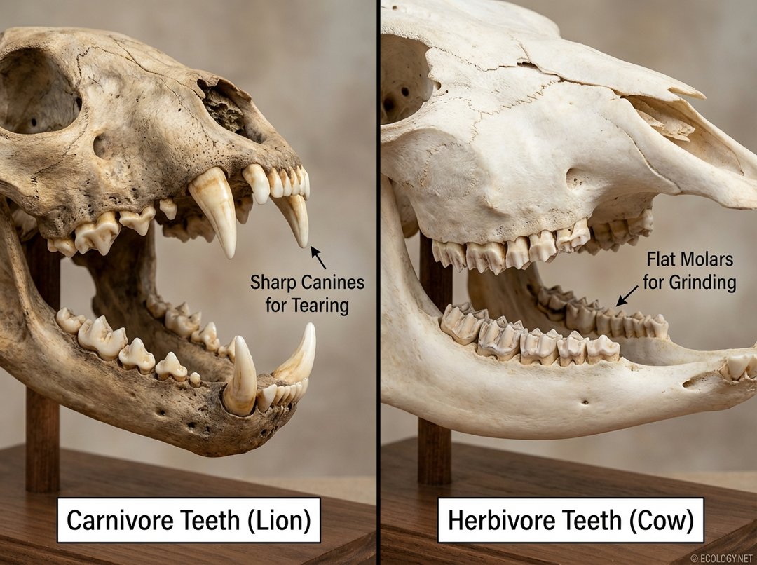 A comparative illustration of a lion's skull with sharp canines and carnassial teeth, contrasted with a cow's skull showing flat molars, highlighting dental adaptations for carnivores versus herbivores.