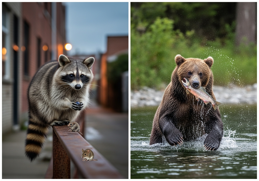 Split image showing a raccoon eating a blueberry and a brown bear catching a salmon.