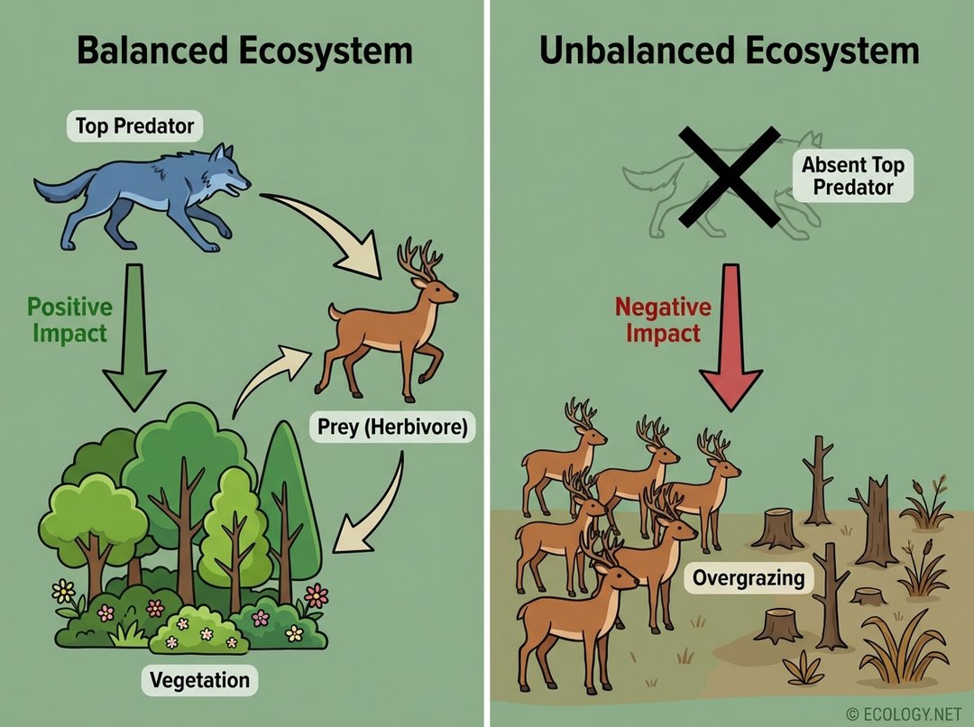 An illustrative diagram showing a trophic cascade, with a wolf controlling deer populations and maintaining healthy vegetation, contrasted with an unbalanced ecosystem where the absence of a wolf leads to overgrazing.