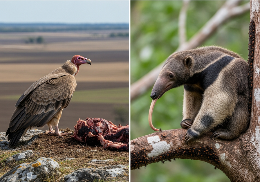 Split image showing a vulture near a carcass and an anteater foraging for insects.