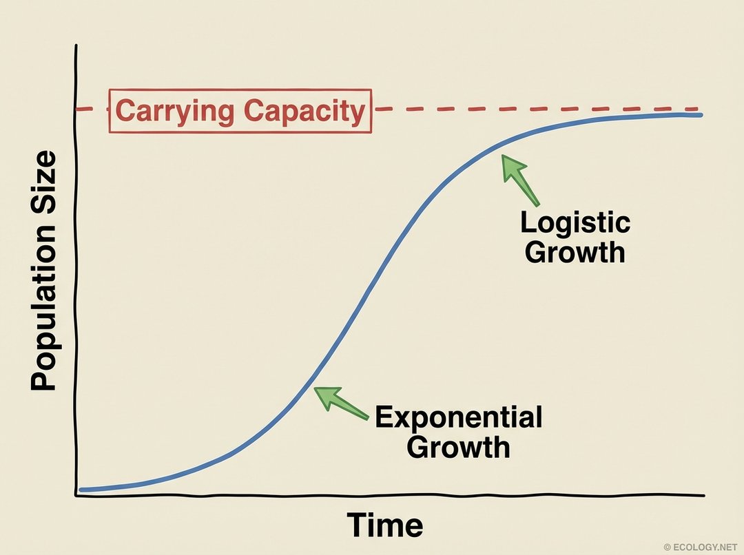 Diagram of an S-shaped population growth curve showing exponential and logistic growth approaching carrying capacity.