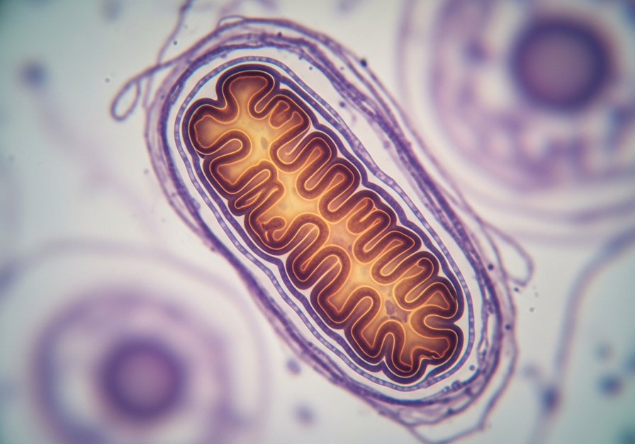 High-resolution image of a mitochondrion, showing inner membrane folds (cristae).